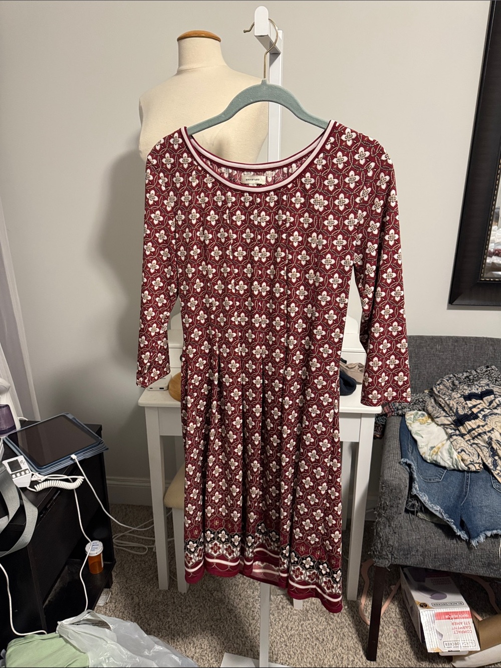 Max Studio Burgundy and White Floral-Print Long Sleeve Dress